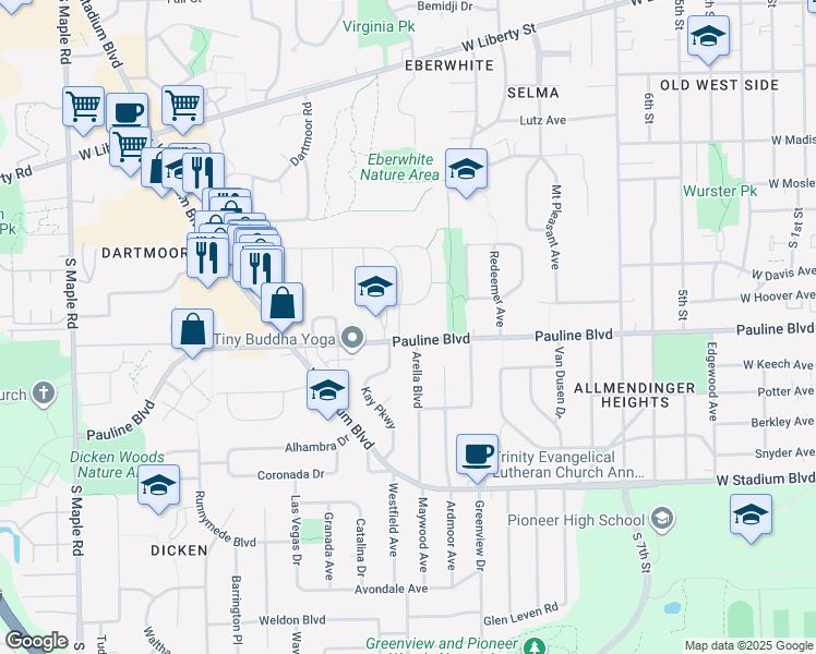 map of restaurants, bars, coffee shops, grocery stores, and more near 1019 Arbordale Street in Ann Arbor