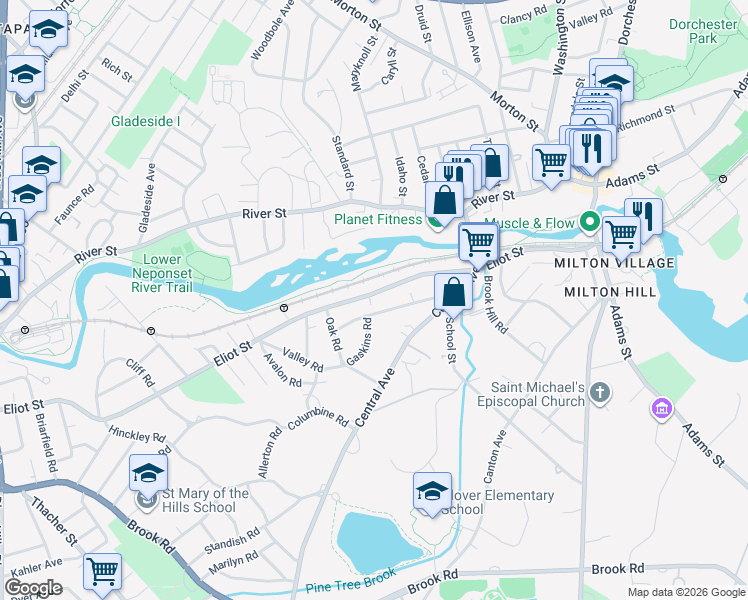 map of restaurants, bars, coffee shops, grocery stores, and more near 218 Eliot Street in Milton