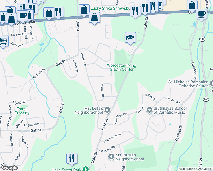 map of restaurants, bars, coffee shops, grocery stores, and more near 42 Roman Drive in Shrewsbury