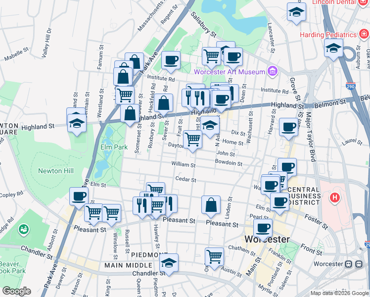 map of restaurants, bars, coffee shops, grocery stores, and more near 21 Dayton Street in Worcester