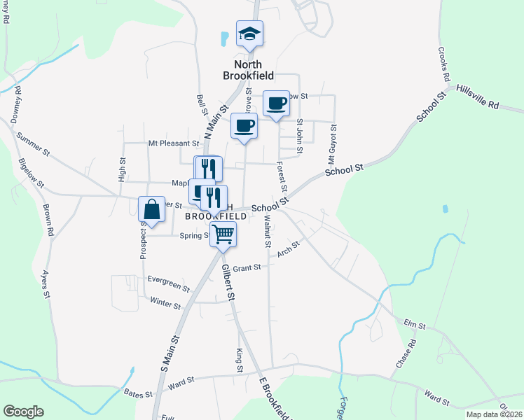 map of restaurants, bars, coffee shops, grocery stores, and more near 58 School St in North Brookfield
