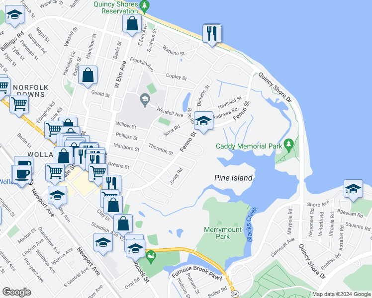 map of restaurants, bars, coffee shops, grocery stores, and more near 191 Fenno Street in Quincy