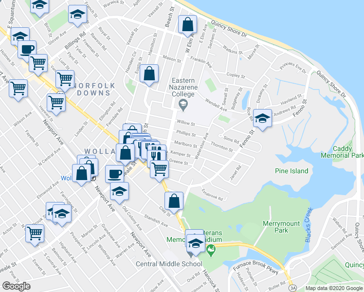 map of restaurants, bars, coffee shops, grocery stores, and more near 66 Kemper Street in Quincy