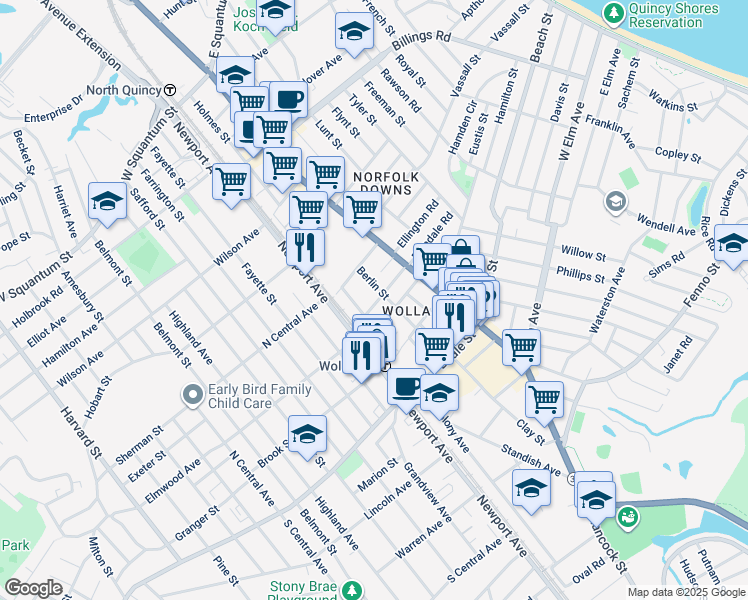 map of restaurants, bars, coffee shops, grocery stores, and more near 40 Berlin Street in Quincy