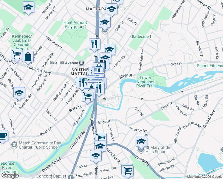 map of restaurants, bars, coffee shops, grocery stores, and more near 442 River Street in Boston