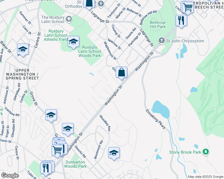 map of restaurants, bars, coffee shops, grocery stores, and more near 4935 Washington Street in Boston