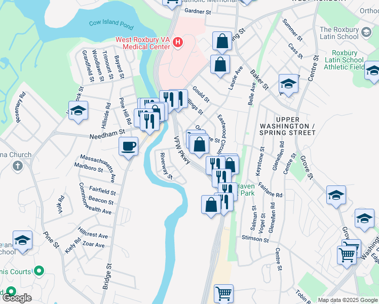 map of restaurants, bars, coffee shops, grocery stores, and more near 1524 VFW Parkway in Boston