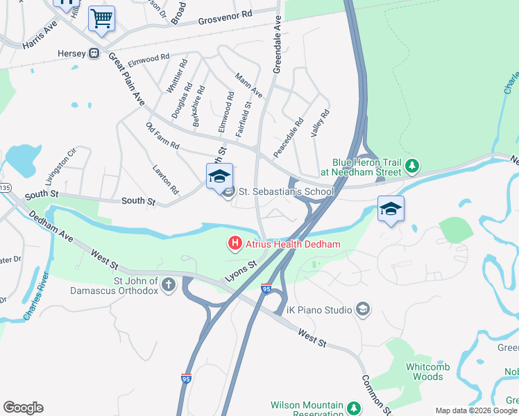 map of restaurants, bars, coffee shops, grocery stores, and more near 1202 Greendale Avenue in Needham