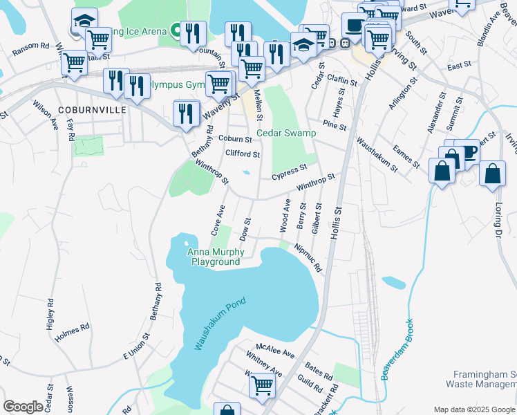map of restaurants, bars, coffee shops, grocery stores, and more near 114 Winthrop Street in Framingham