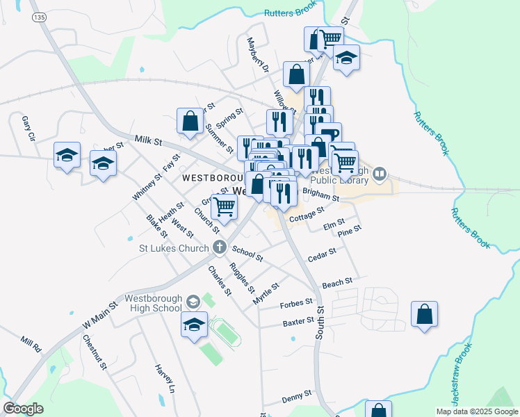 map of restaurants, bars, coffee shops, grocery stores, and more near 31 South Street in Westborough