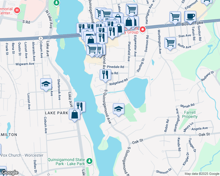 map of restaurants, bars, coffee shops, grocery stores, and more near 15 Roberts Street in Shrewsbury