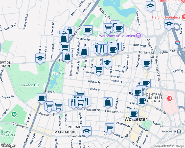 map of restaurants, bars, coffee shops, grocery stores, and more near 21 Dayton Street in Worcester