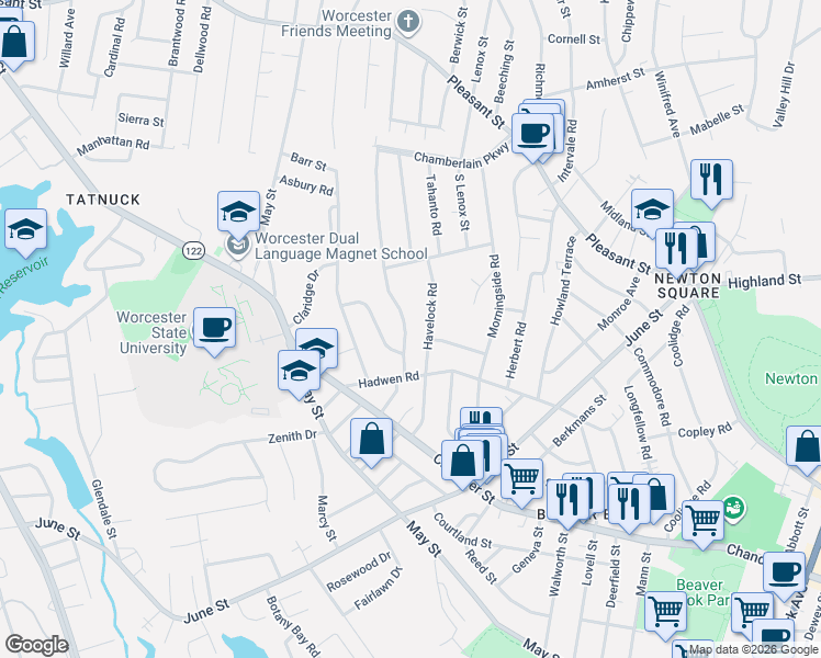 map of restaurants, bars, coffee shops, grocery stores, and more near 58 Westview Road in Worcester
