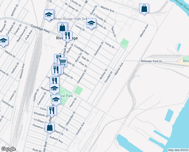 map of restaurants, bars, coffee shops, grocery stores, and more near 129 Maple Street in River Rouge