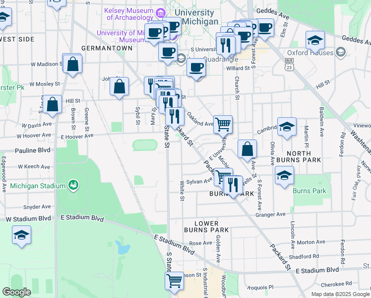 map of restaurants, bars, coffee shops, grocery stores, and more near 1111 White Street in Ann Arbor