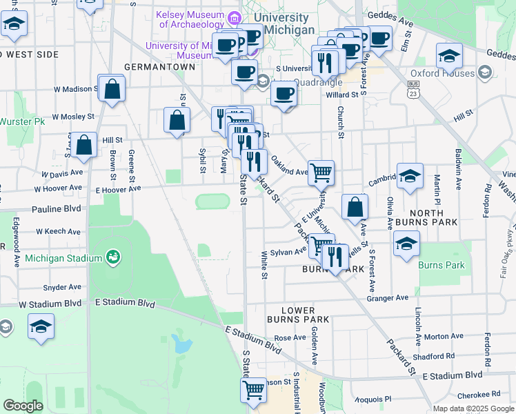map of restaurants, bars, coffee shops, grocery stores, and more near 1111 White Street in Ann Arbor