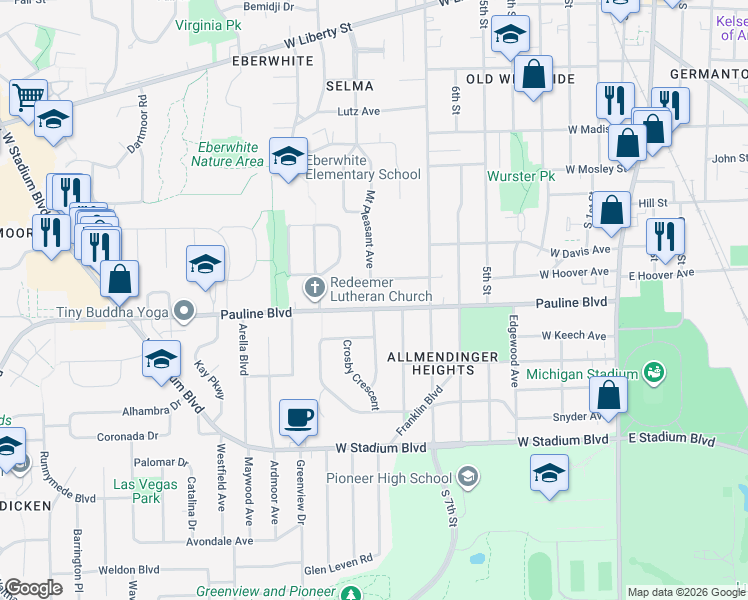 map of restaurants, bars, coffee shops, grocery stores, and more near 922 Pauline Boulevard in Ann Arbor