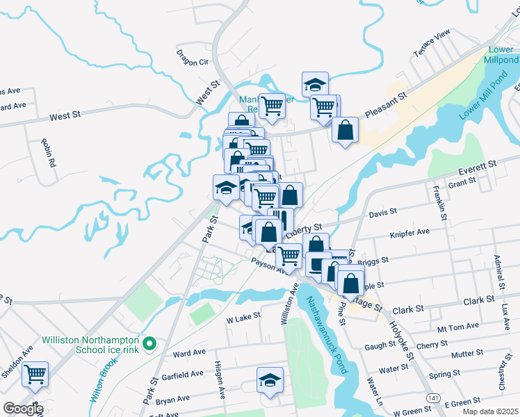 map of restaurants, bars, coffee shops, grocery stores, and more near 25 Clarke Avenue in Easthampton