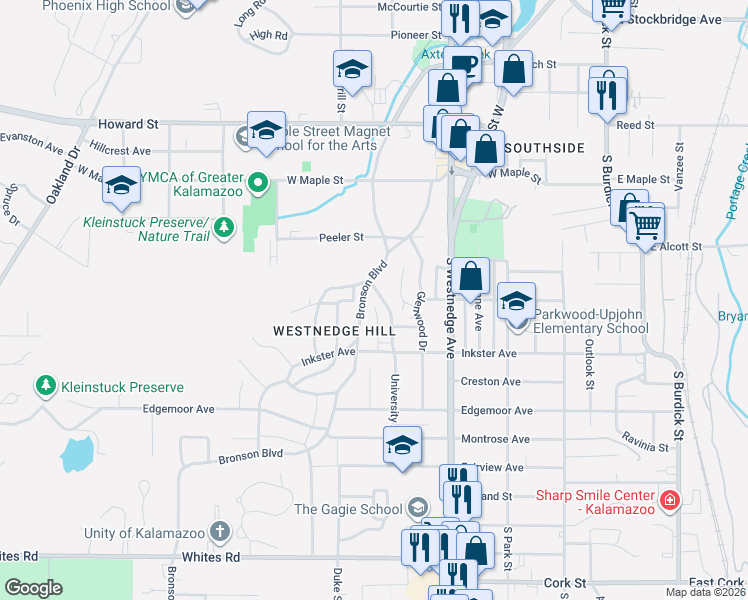 map of restaurants, bars, coffee shops, grocery stores, and more near 803 Forest Glen Boulevard in Kalamazoo