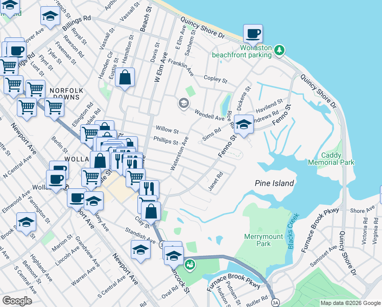 map of restaurants, bars, coffee shops, grocery stores, and more near 17 Thornton Street in Quincy