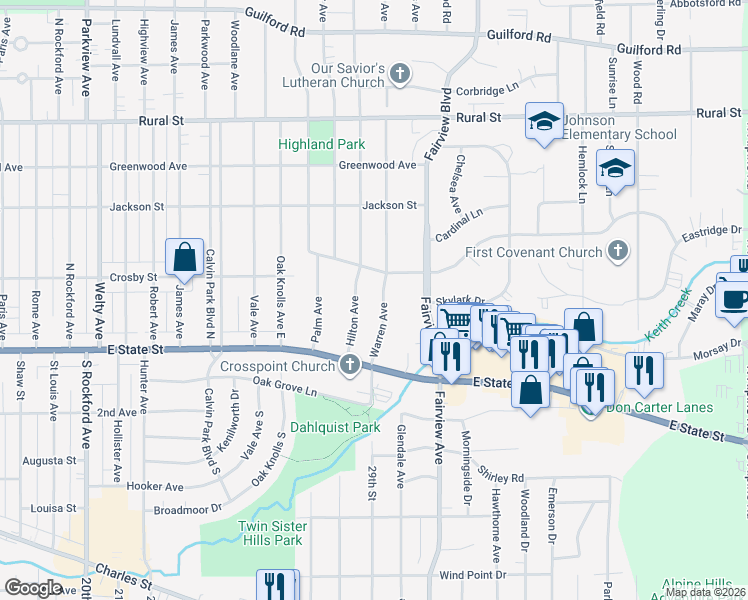 map of restaurants, bars, coffee shops, grocery stores, and more near 207 Warren Avenue in Rockford