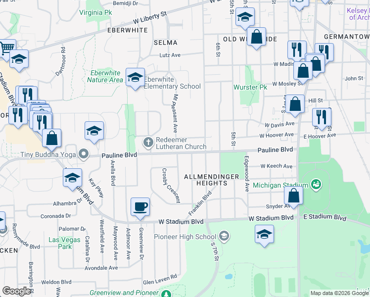 map of restaurants, bars, coffee shops, grocery stores, and more near 922 Pauline Boulevard in Ann Arbor