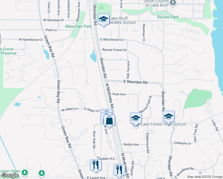 map of restaurants, bars, coffee shops, grocery stores, and more near 166 Park Avenue in Lake Forest
