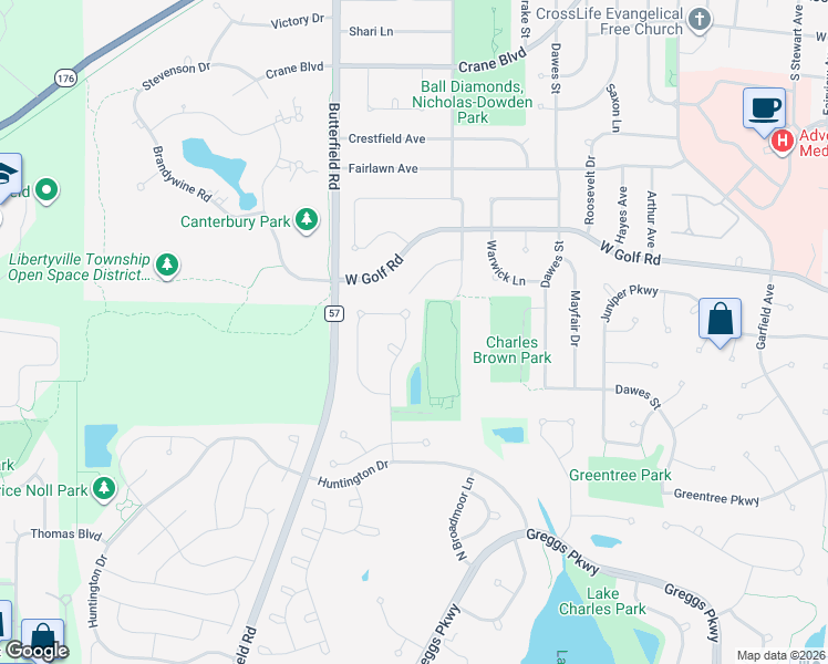 map of restaurants, bars, coffee shops, grocery stores, and more near 2327 Hazeltime Drive in Vernon Hills