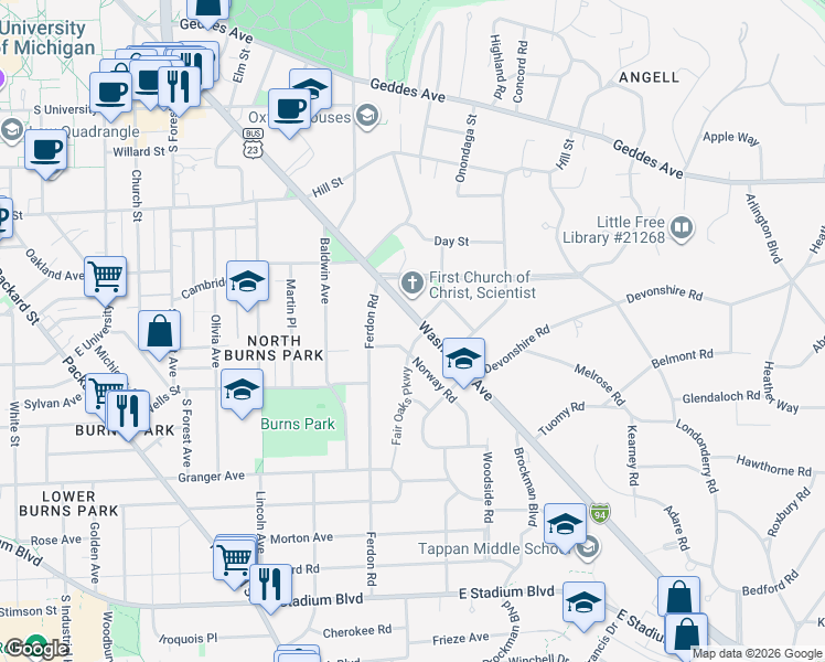 map of restaurants, bars, coffee shops, grocery stores, and more near 1850 Washtenaw Avenue in Ann Arbor