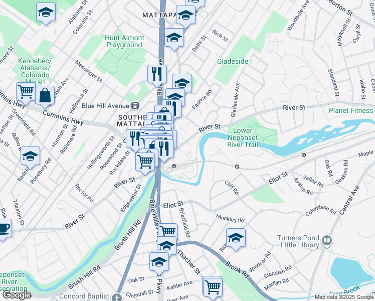 map of restaurants, bars, coffee shops, grocery stores, and more near 442 River Street in Boston