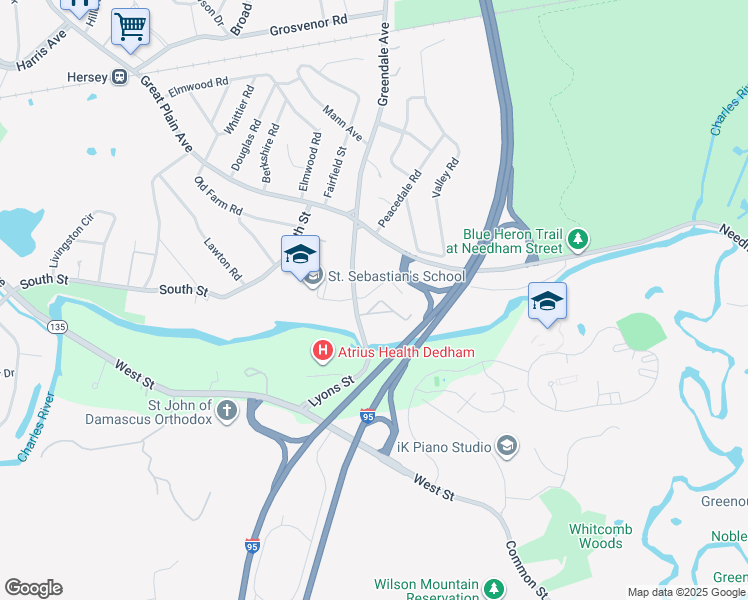 map of restaurants, bars, coffee shops, grocery stores, and more near 1202 Greendale Avenue in Needham