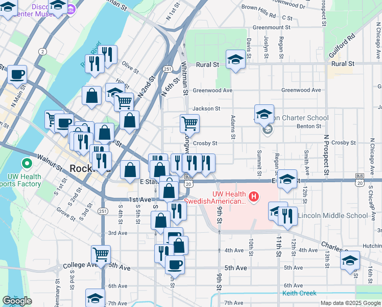 map of restaurants, bars, coffee shops, grocery stores, and more near 207 North Longwood Street in Rockford