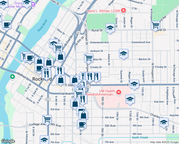map of restaurants, bars, coffee shops, grocery stores, and more near 207 North Longwood Street in Rockford