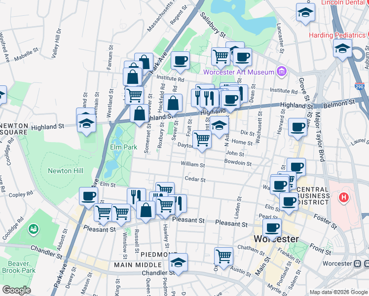 map of restaurants, bars, coffee shops, grocery stores, and more near 5 Marston Way in Worcester