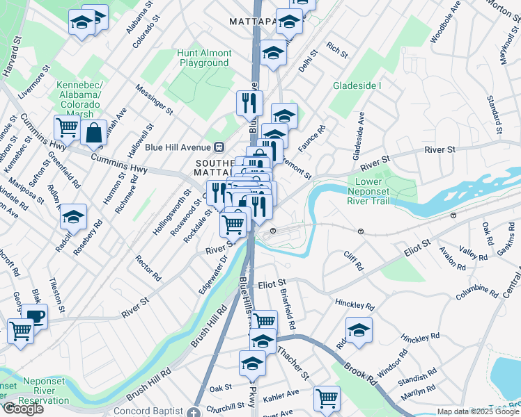 map of restaurants, bars, coffee shops, grocery stores, and more near 460 River Street in Boston
