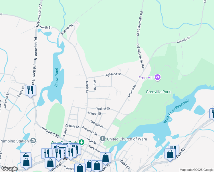 map of restaurants, bars, coffee shops, grocery stores, and more near 20 Stoney Point Drive in Ware