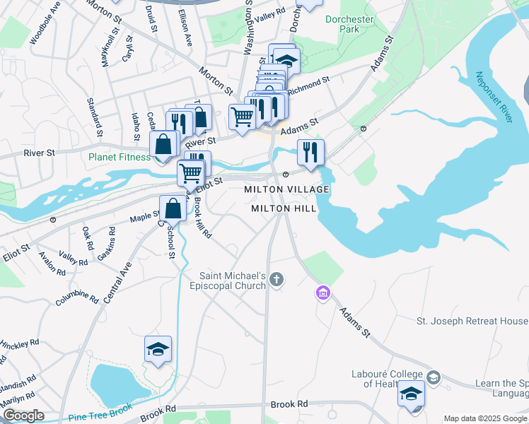 map of restaurants, bars, coffee shops, grocery stores, and more near 23 Canton Avenue in Milton