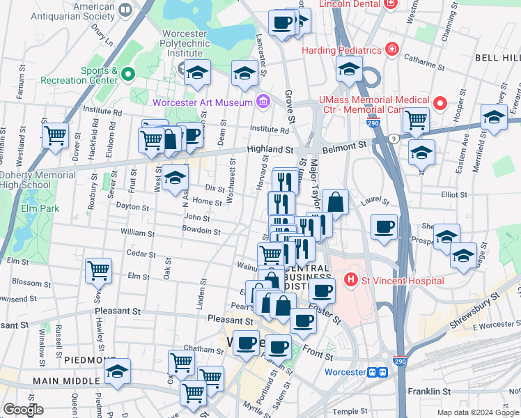 map of restaurants, bars, coffee shops, grocery stores, and more near 18 Harvard Street in Worcester