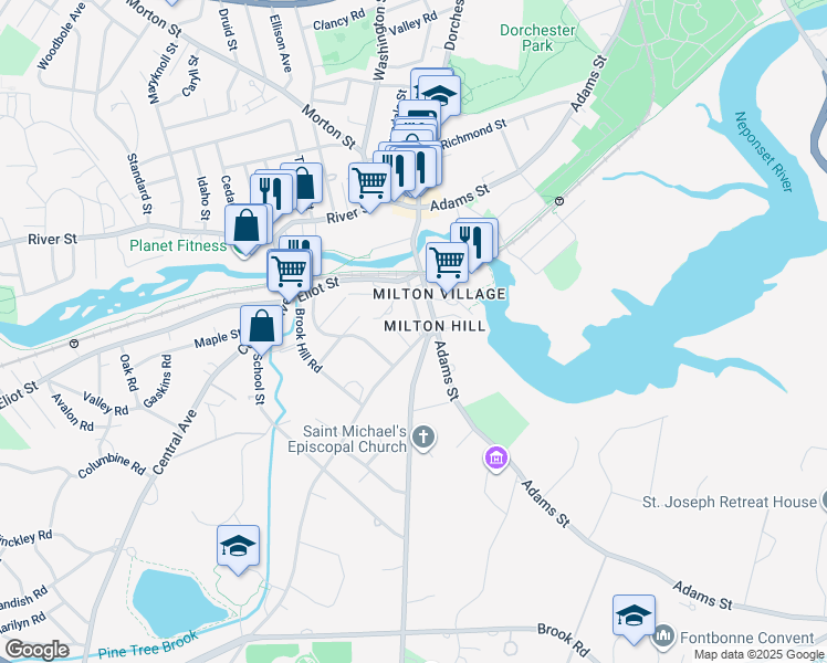 map of restaurants, bars, coffee shops, grocery stores, and more near 23 Canton Avenue in Milton