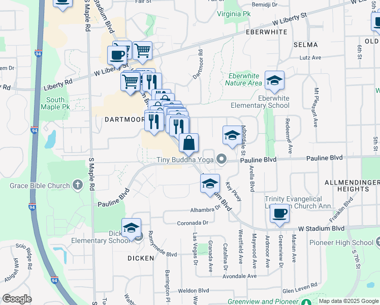 map of restaurants, bars, coffee shops, grocery stores, and more near in Ann Arbor