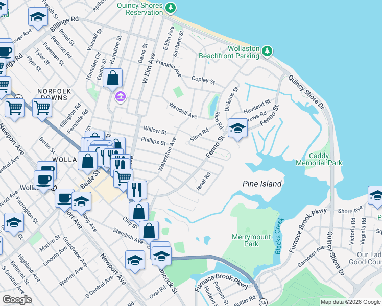 map of restaurants, bars, coffee shops, grocery stores, and more near 48 Thornton Street in Quincy