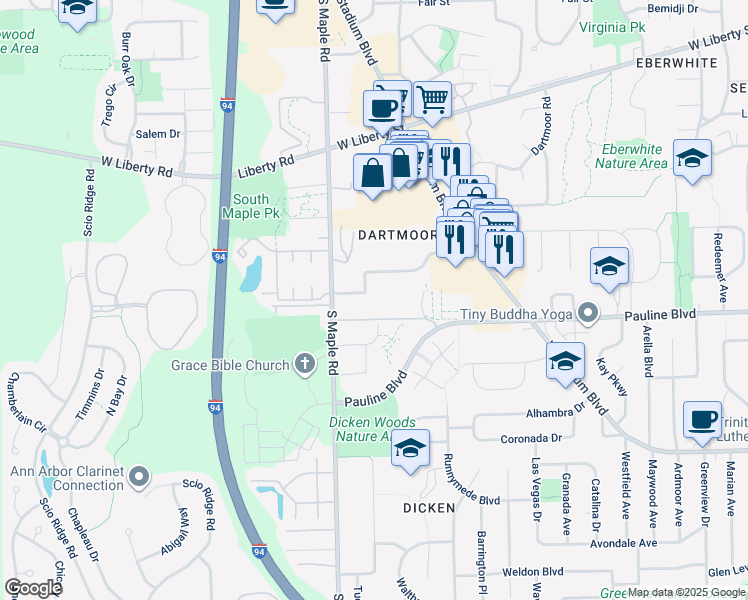 map of restaurants, bars, coffee shops, grocery stores, and more near 2078 Pauline Boulevard in Ann Arbor