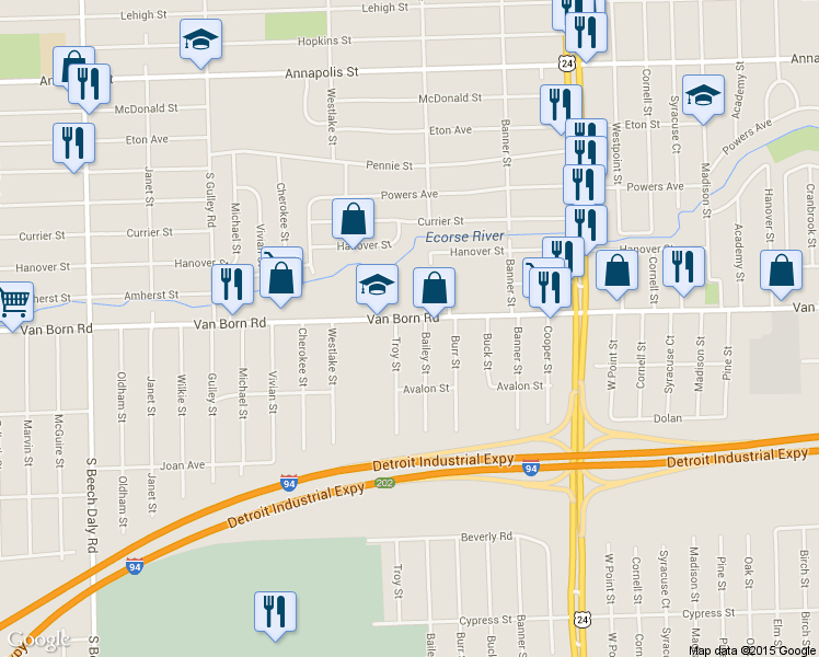 map of restaurants, bars, coffee shops, grocery stores, and more near 24645 Van Born Road in Taylor