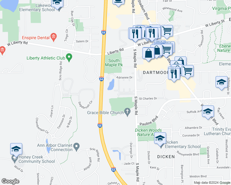 map of restaurants, bars, coffee shops, grocery stores, and more near 2722 Adrienne Drive in Ann Arbor