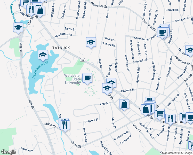 map of restaurants, bars, coffee shops, grocery stores, and more near 486 Chandler Street in Worcester