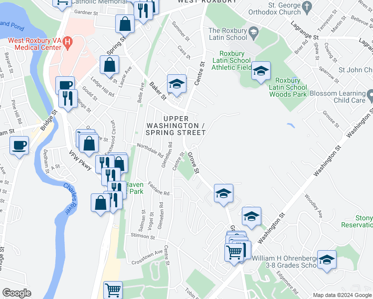 map of restaurants, bars, coffee shops, grocery stores, and more near 12 Grove Street in Boston