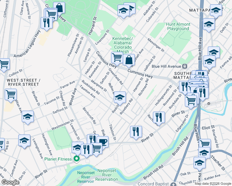 map of restaurants, bars, coffee shops, grocery stores, and more near 9 Mariposa Street in Boston