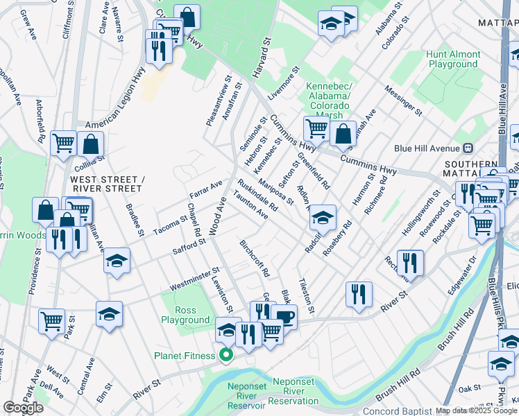map of restaurants, bars, coffee shops, grocery stores, and more near 27 Taunton Avenue in Boston