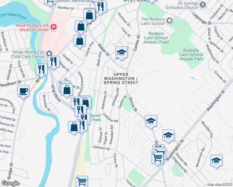 map of restaurants, bars, coffee shops, grocery stores, and more near 70 Glenellen Road in Boston