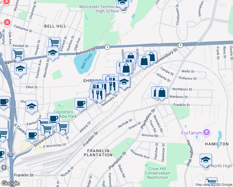 map of restaurants, bars, coffee shops, grocery stores, and more near 299 Shrewsbury Street in Worcester